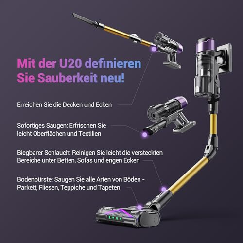 Ultenic U20 Akku-Staubsauger, 55.000 Pa/600 W, 60 Min, Anti-Tangle-Bürste, GreenEye, flexibles Gelenk, selbststehend, Hartböden & Teppiche