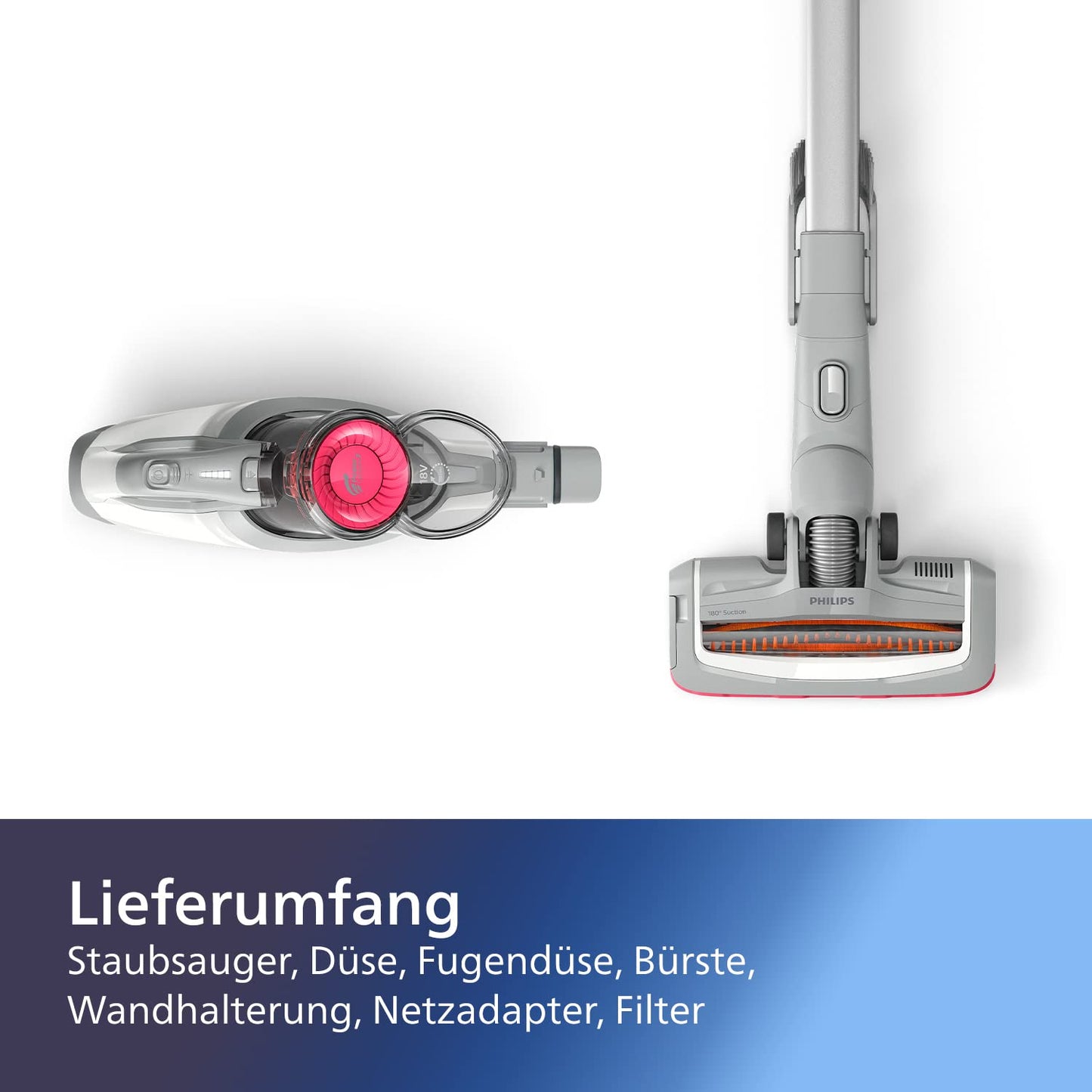 Philips Serie 3000 Akku-Staubsauger, 60 Min Laufzeit, LED-Düse, starker Saugkraft, inkl. Fugen- & Kombidüse, austauschbarer Akku (XC3032/01).