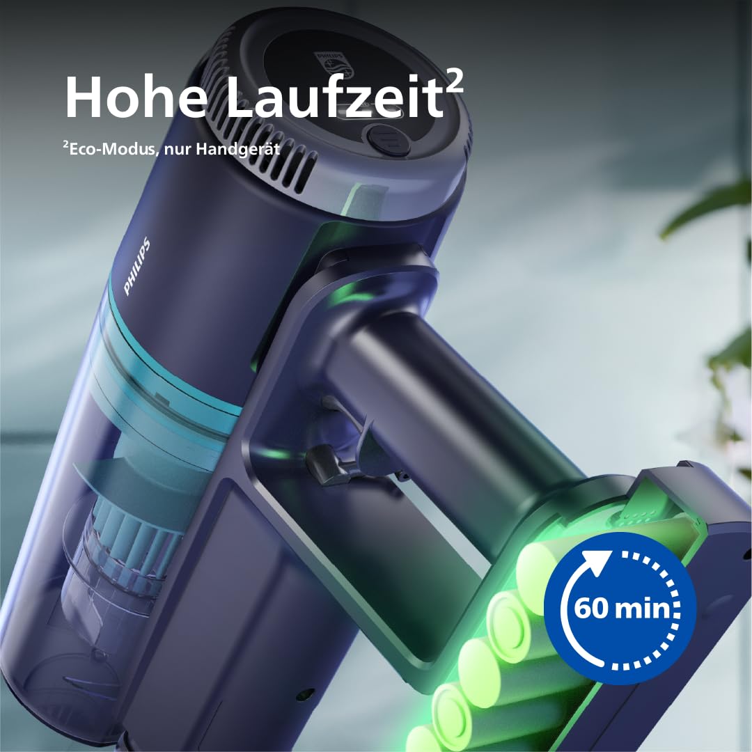 Philips Serie 3000 Akku-Staubsauger, 60 Min Laufzeit, LED-Düse, starker Saugkraft, inkl. Fugen- & Kombidüse, austauschbarer Akku (XC3032/01).