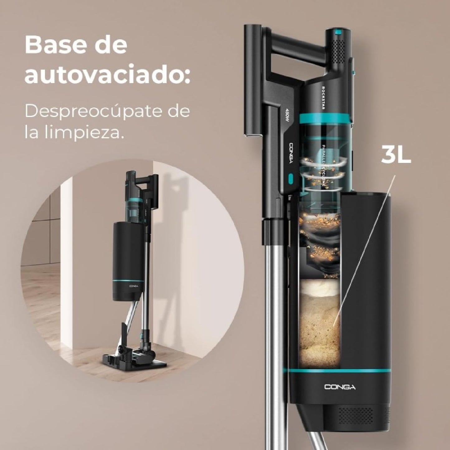 Cecotec Conga Rockstar 11500, 800W, 300AW, 110 Min, KI, App, Auto-Entleerung, Flex-Rohr & Zubehör, kabelloser Staubsauger.