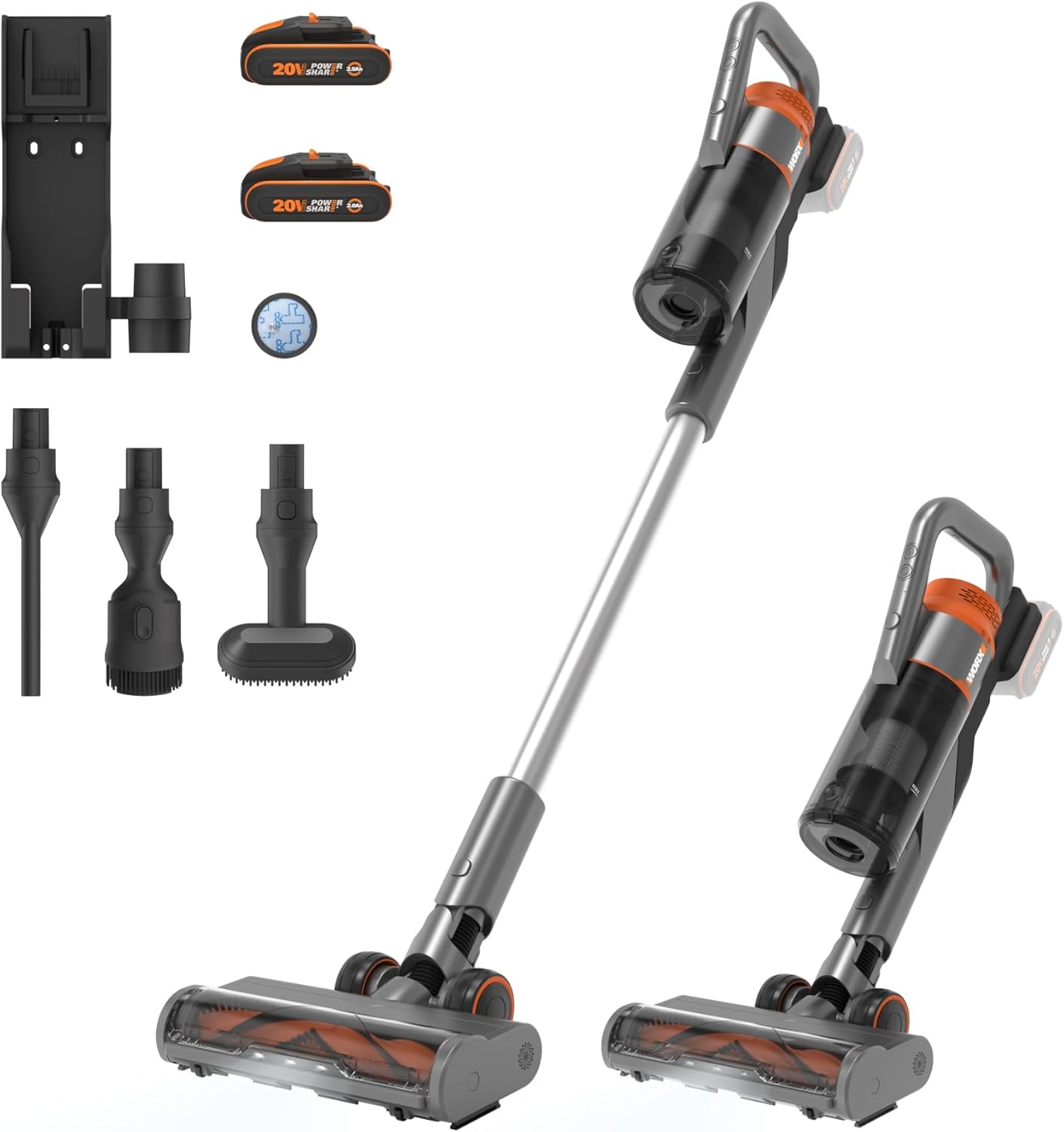 WORX 20 V Akku-Staubsauger WX038, 25 kPa, kabellos, 45 Min Laufzeit, leicht, für Tierhaare, Teppich & Auto, inkl. 2 Akkus & Wandhalter