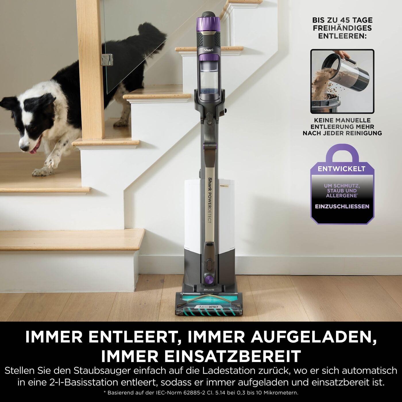 Shark Detect Clean Akku-Staubsauger, 60 Min Laufzeit, starke Saugkraft, DirtDetect, 2L Selbstentleerung, Anti-Hair-Wrap, Fugenaufsatz, Weiß.