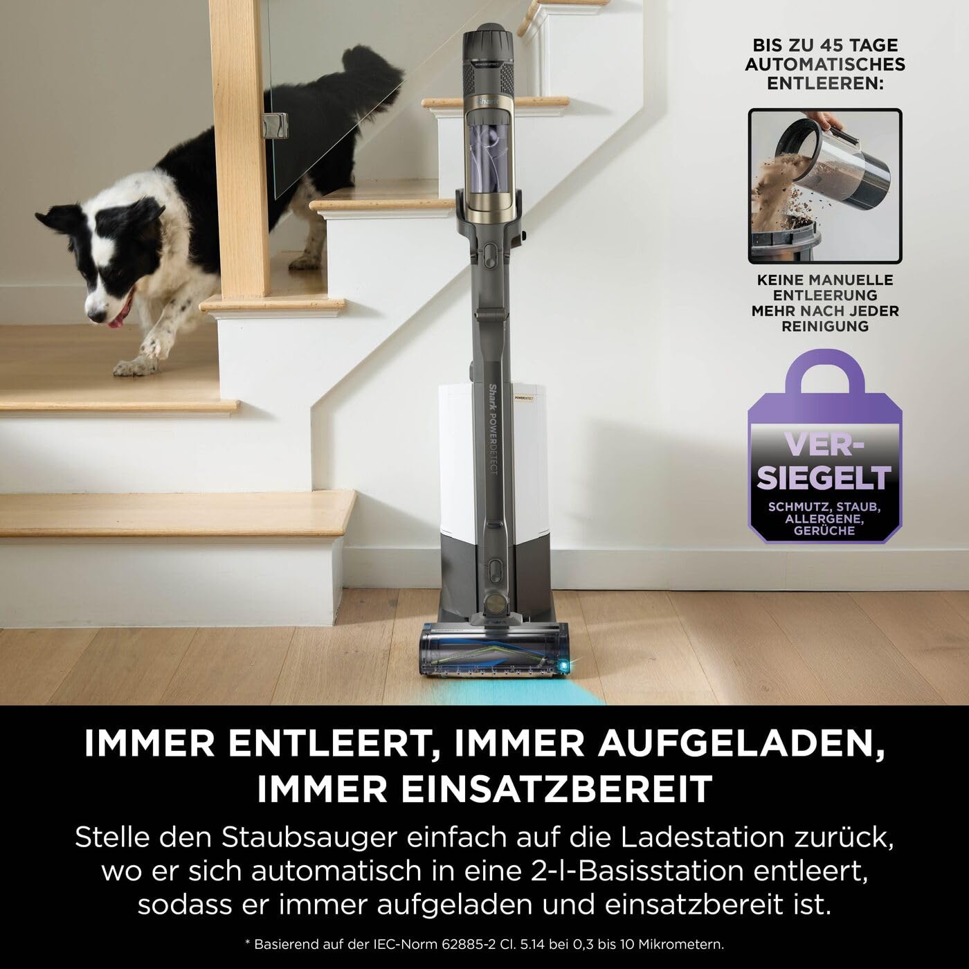 Shark Detect Clean Akku-Staubsauger, 60 Min Laufzeit, starke Saugkraft, DirtDetect, 2L Selbstentleerung, Anti-Hair-Wrap, Fugenaufsatz, Weiß.