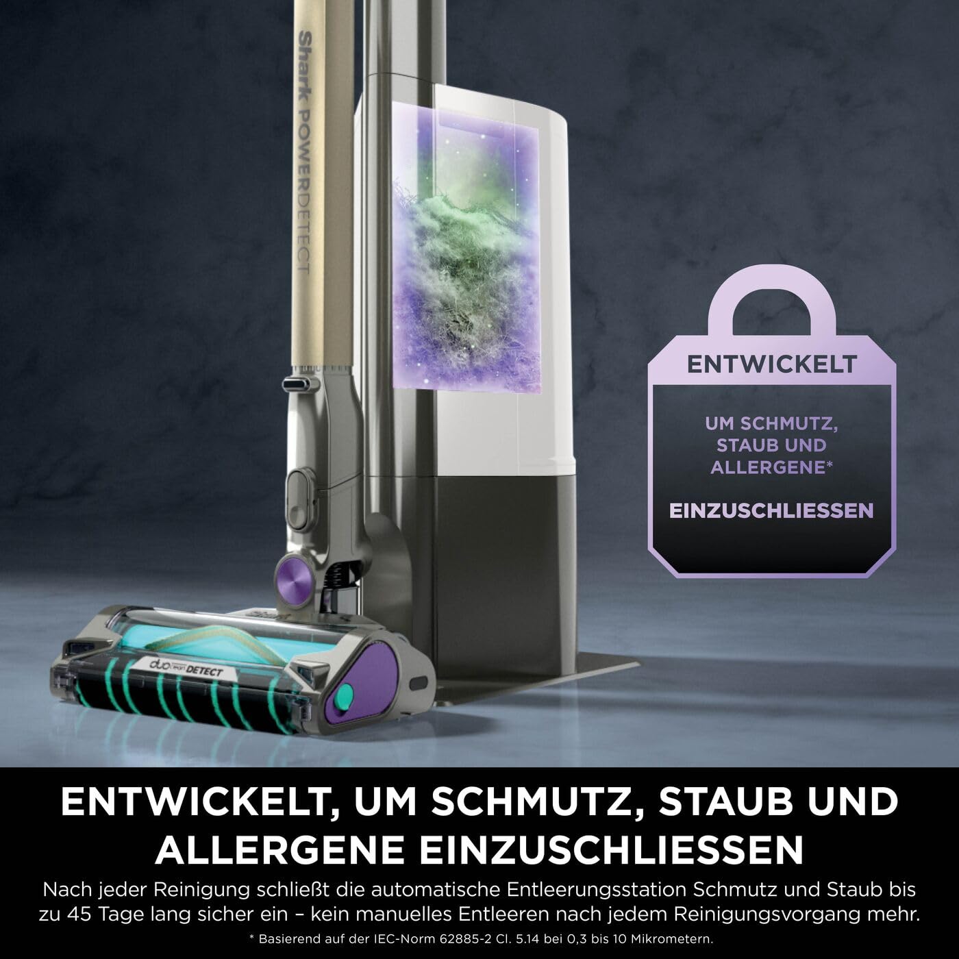 Shark Detect Clean Akku-Staubsauger, 60 Min Laufzeit, starke Saugkraft, DirtDetect, 2L Selbstentleerung, Anti-Hair-Wrap, Fugenaufsatz, Weiß.
