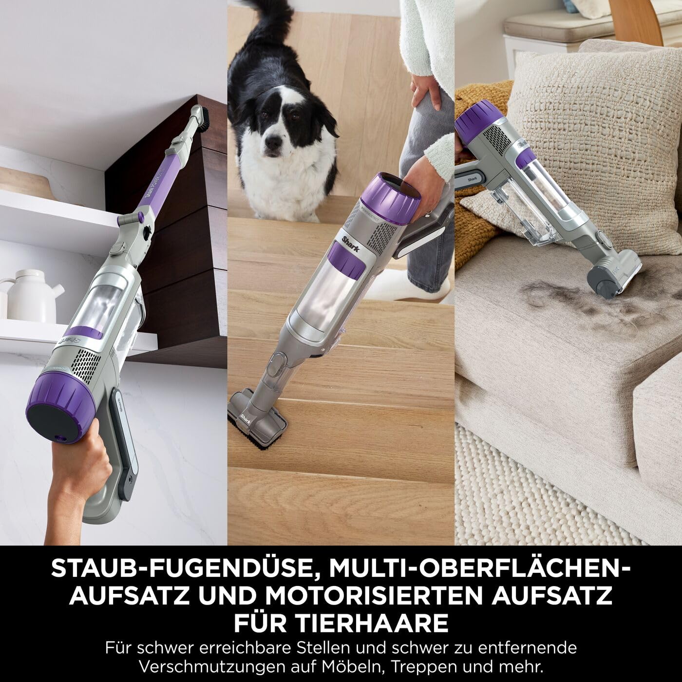 Shark Detect Clean Akku-Staubsauger, 60 Min Laufzeit, starke Saugkraft, DirtDetect, 2L Selbstentleerung, Anti-Hair-Wrap, Fugenaufsatz, Weiß.
