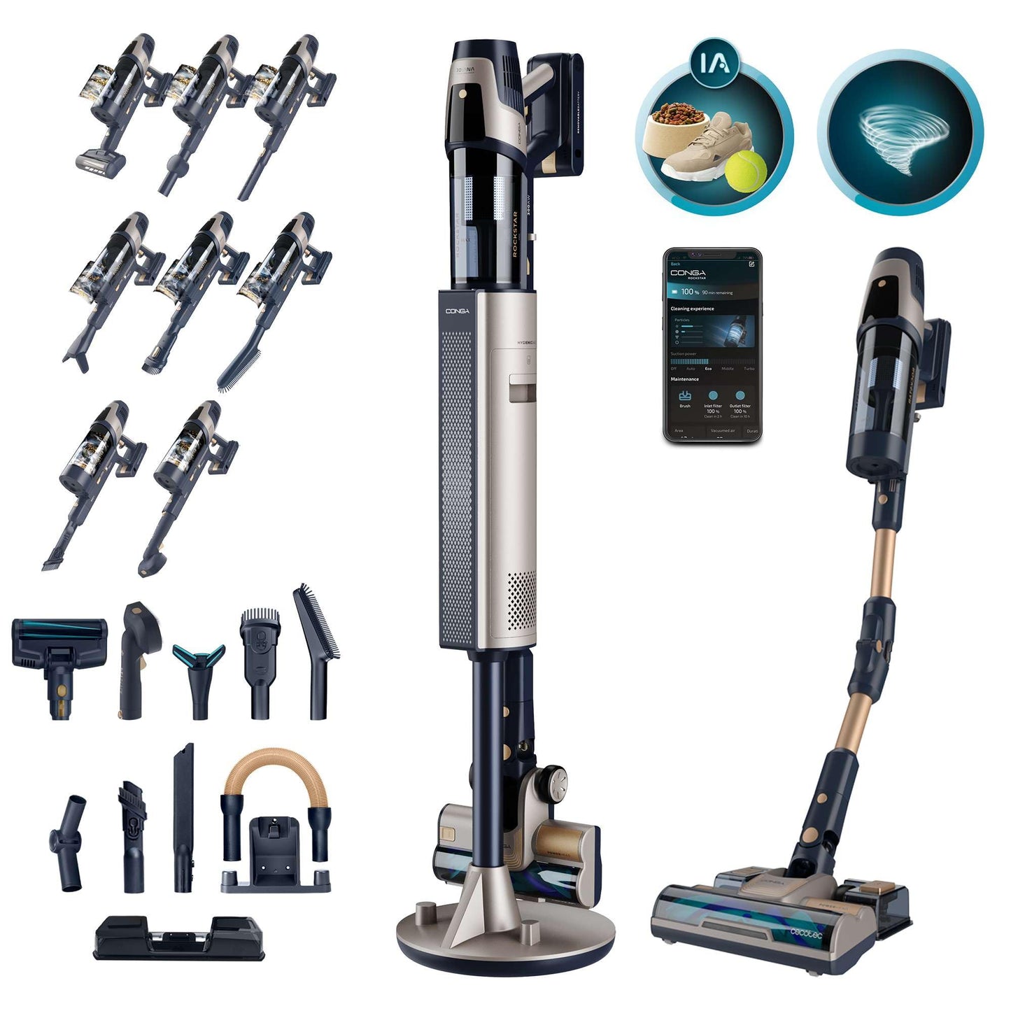 Cecotec Conga Rockstar 11500, 800W, 300AW, 110 Min, KI, App, Auto-Entleerung, Flex-Rohr & Zubehör, kabelloser Staubsauger.