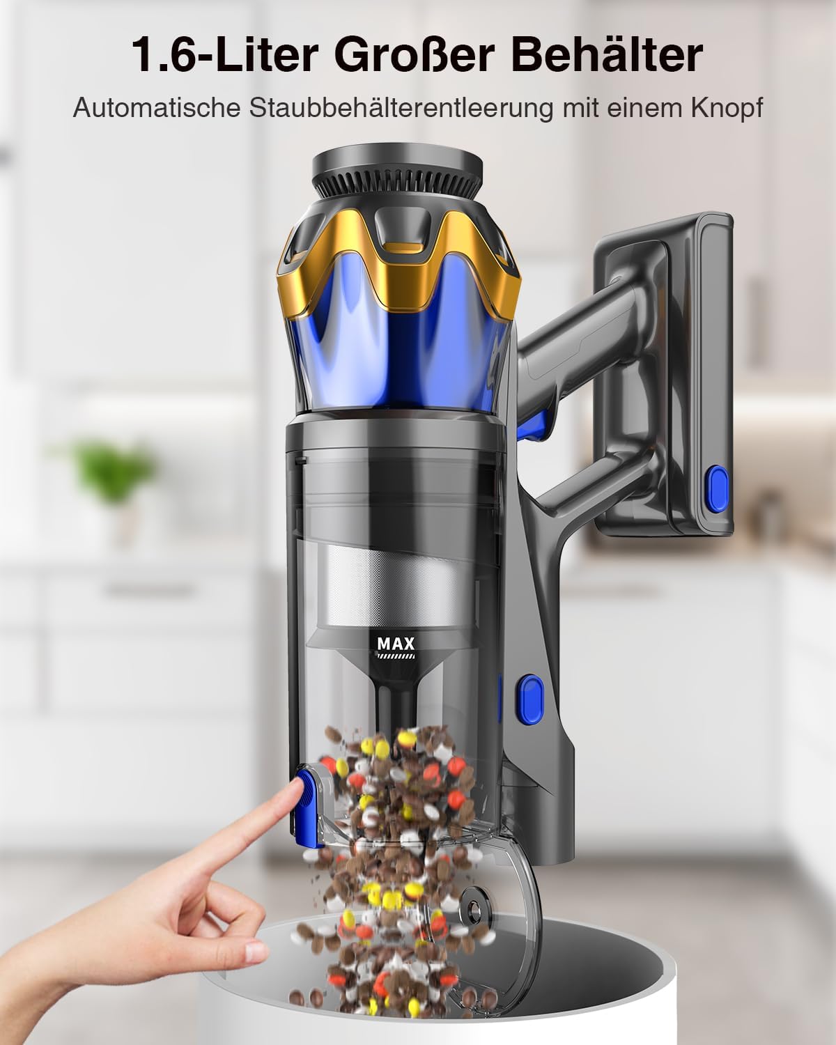 Akku-Staubsauger 45.000Pa, 550W, 65 Min, 1,6L Behälter, Anti-Tangle-Bürste, Display, leise, 8-fach-Filtration, für Teppiche, Böden & Tierhaare.