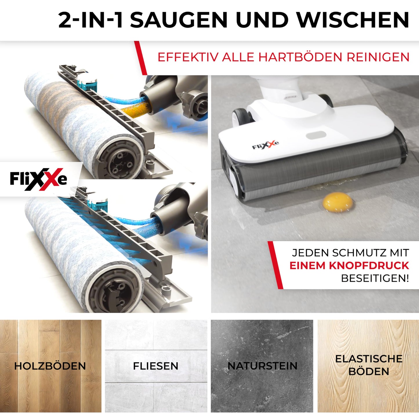 Flixxe X3 2-in-1 Nass-/Trockensauger, kabellos, 200W, 40 Min Laufzeit, LED-Display, Selbstreinigung, X-Sense, doppelseitige Kantenreinigung.
