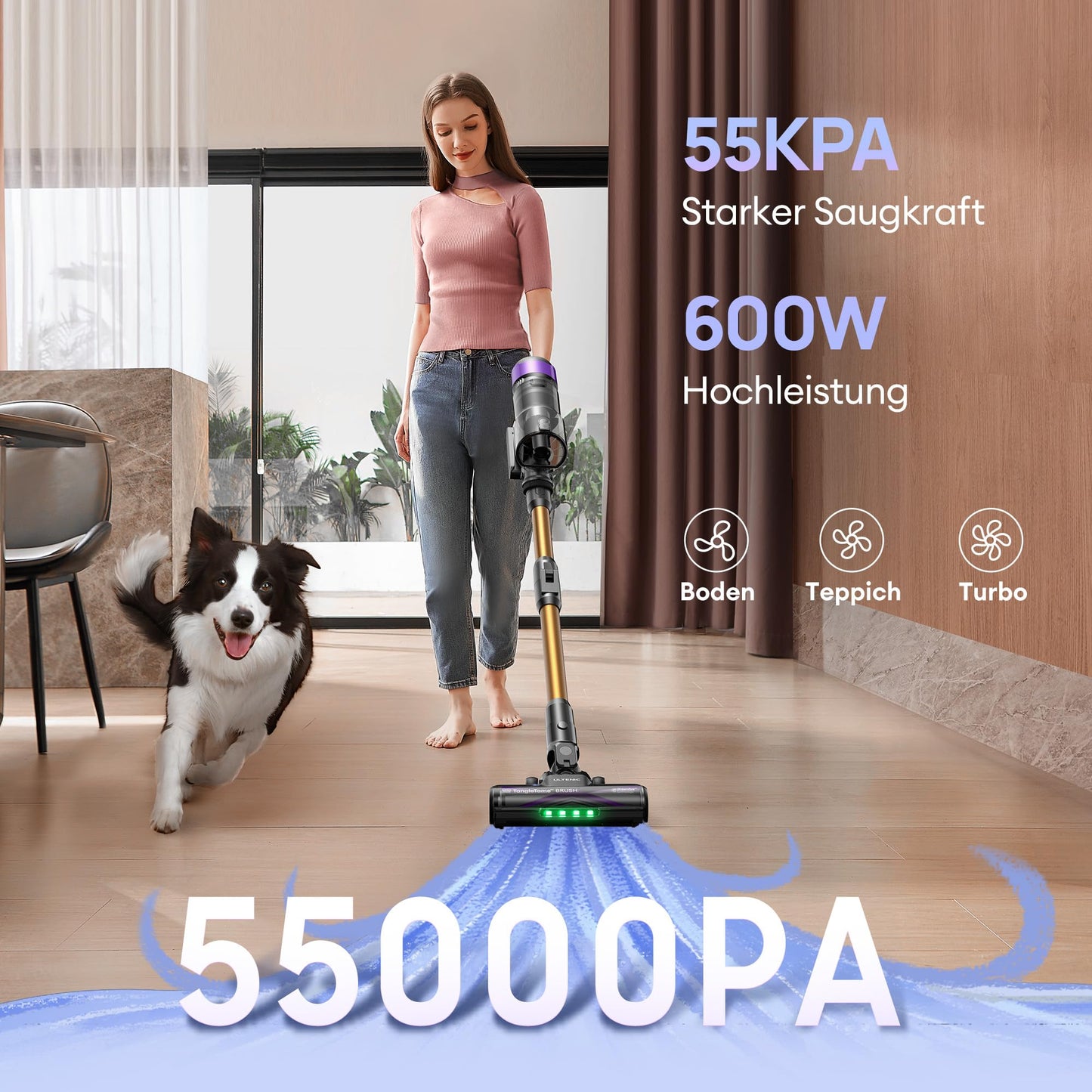 Ultenic U20 Akku-Staubsauger, 55.000 Pa/600 W, 60 Min, Anti-Tangle-Bürste, GreenEye, flexibles Gelenk, selbststehend, Hartböden & Teppiche