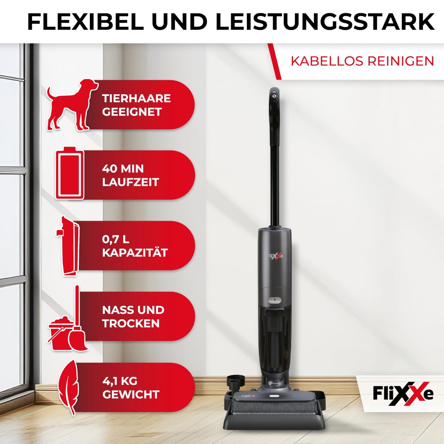 Flixxe X3 2-in-1 Nass-/Trockensauger, kabellos, 200W, 40 Min Laufzeit, LED-Display, Selbstreinigung, X-Sense, doppelseitige Kantenreinigung.