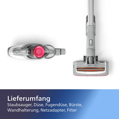 Philips Serie 3000 Akku-Staubsauger, 60 Min Laufzeit, LED-Düse, starker Saugkraft, inkl. Fugen- & Kombidüse, austauschbarer Akku (XC3032/01).