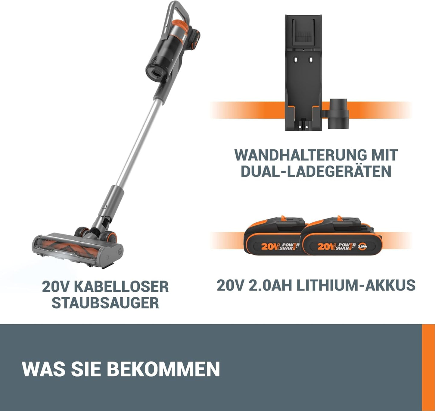 WORX 20 V Akku-Staubsauger WX038, 25 kPa, kabellos, 45 Min Laufzeit, leicht, für Tierhaare, Teppich & Auto, inkl. 2 Akkus & Wandhalter