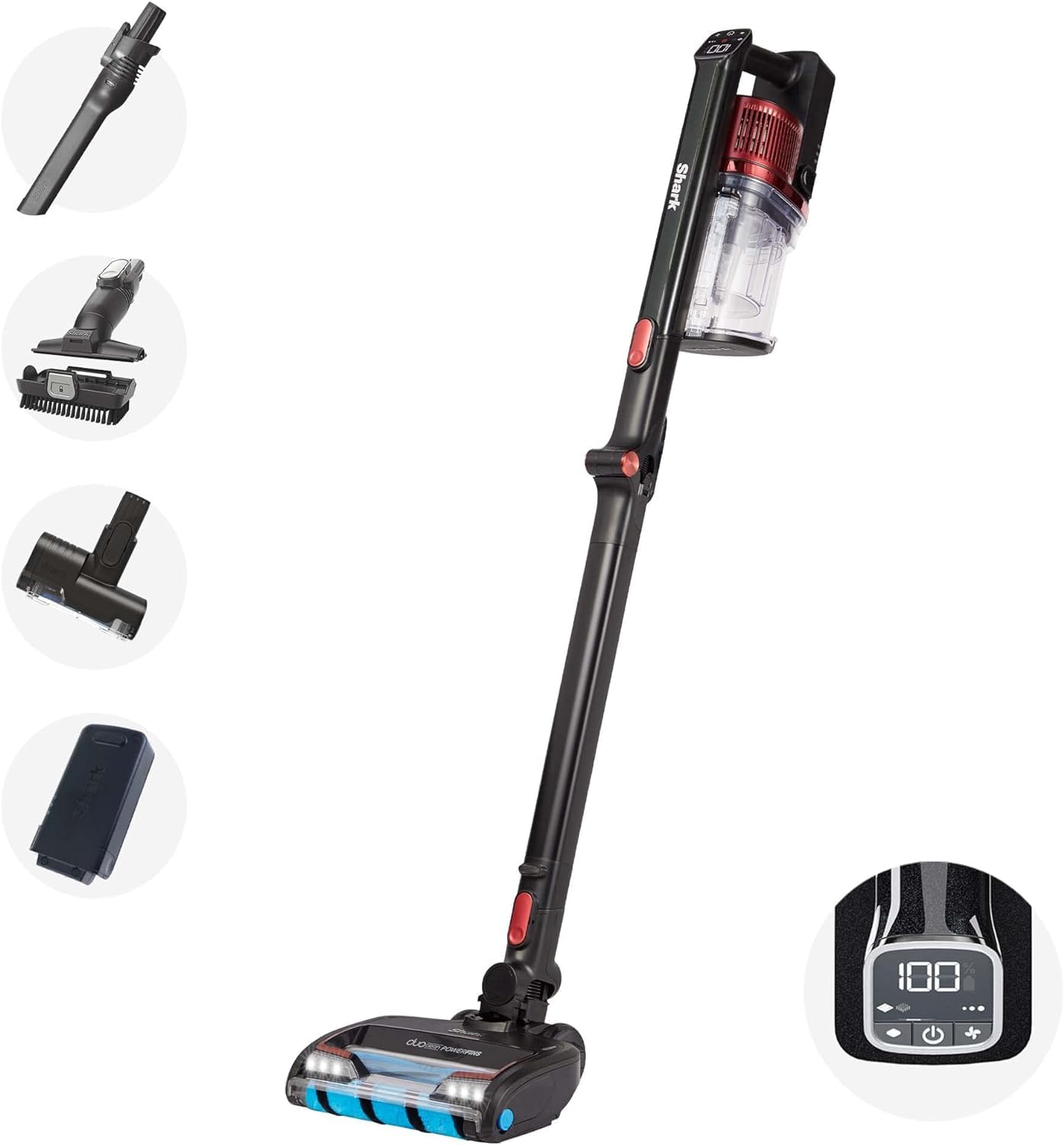 Shark IZ300EUT Akku-Staubsauger, 60 Min Laufzeit, Anti-Hair-Wrap, DuoClean, motorisierter Tierhaaraufsatz, 20 cm Fugendüse, Schwarz/Rot.