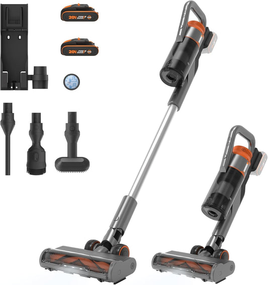 WORX 20 V Akku-Staubsauger WX038, 25 kPa, kabellos, 45 Min Laufzeit, leicht, für Tierhaare, Teppich & Auto, inkl. 2 Akkus & Wandhalter
