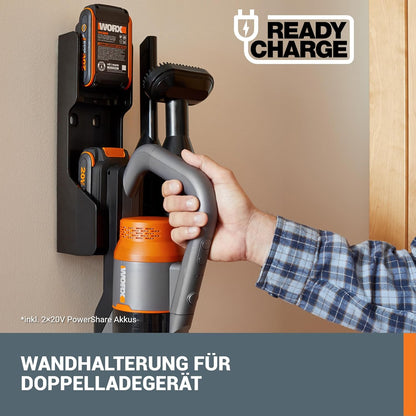 WORX 20 V Akku-Staubsauger WX038, 25 kPa, kabellos, 45 Min Laufzeit, leicht, für Tierhaare, Teppich & Auto, inkl. 2 Akkus & Wandhalter