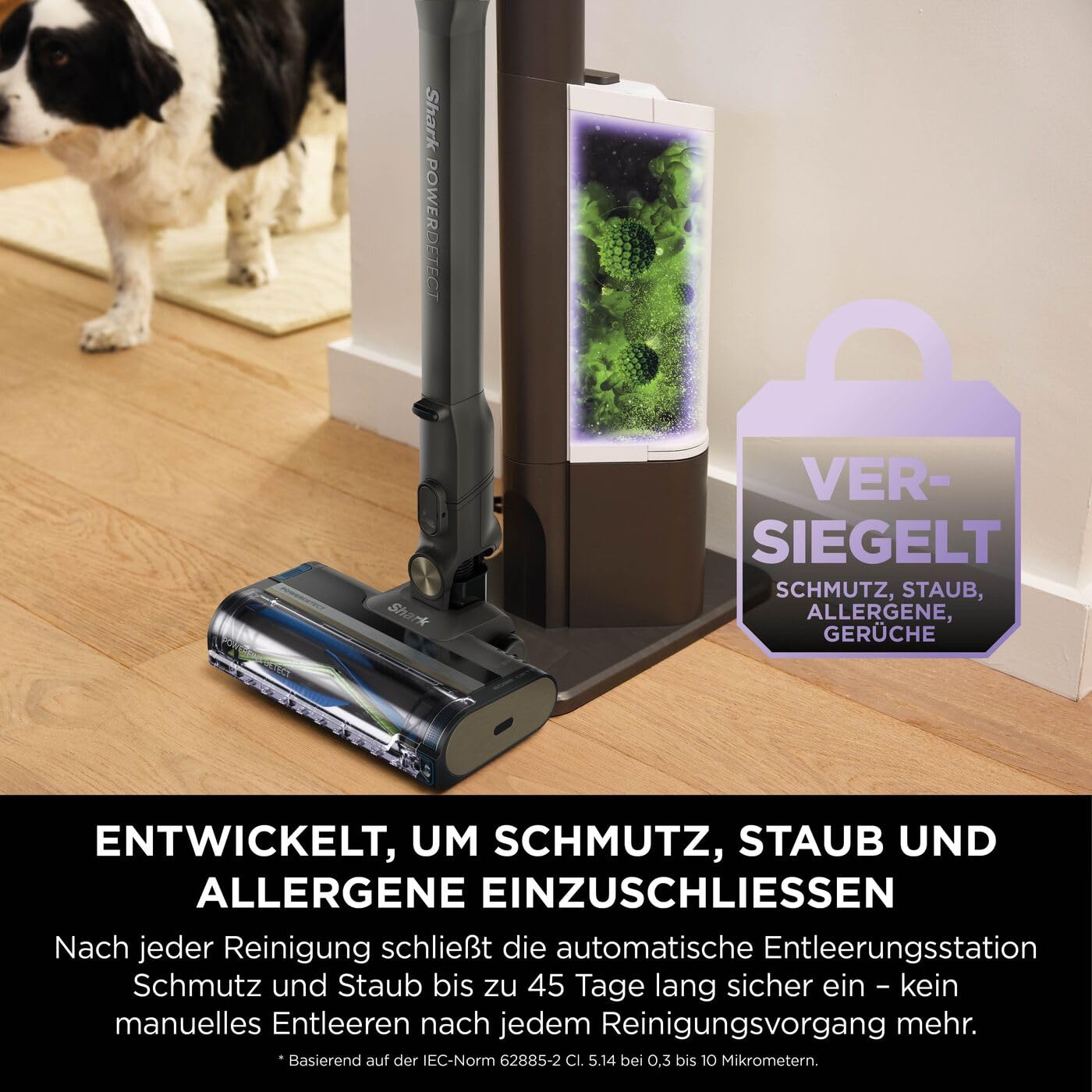 Shark Detect Clean Akku-Staubsauger, 60 Min Laufzeit, starke Saugkraft, DirtDetect, 2L Selbstentleerung, Anti-Hair-Wrap, Fugenaufsatz, Weiß.