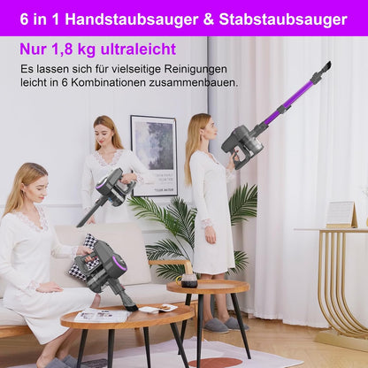 Akku-Staubsauger 25.000Pa, 175W, 50 Min Laufzeit, Anti-Tangle-Bürste, selbststehend, ultraleicht, ideal für Teppiche, Hartböden & Tierhaare.