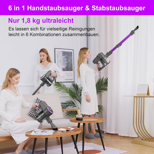 Akku-Staubsauger 25.000Pa, 175W, 50 Min Laufzeit, Anti-Tangle-Bürste, selbststehend, ultraleicht, ideal für Teppiche, Hartböden & Tierhaare.