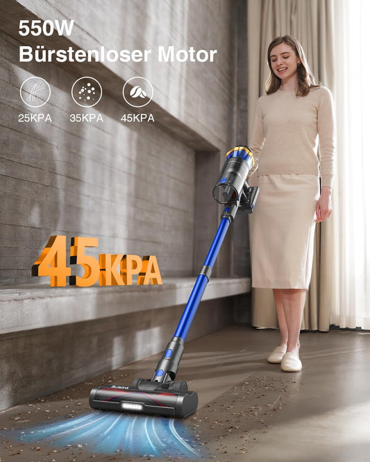 Akku-Staubsauger 45.000Pa, 550W, 65 Min, 1,6L Behälter, Anti-Tangle-Bürste, Display, leise, 8-fach-Filtration, für Teppiche, Böden & Tierhaare.
