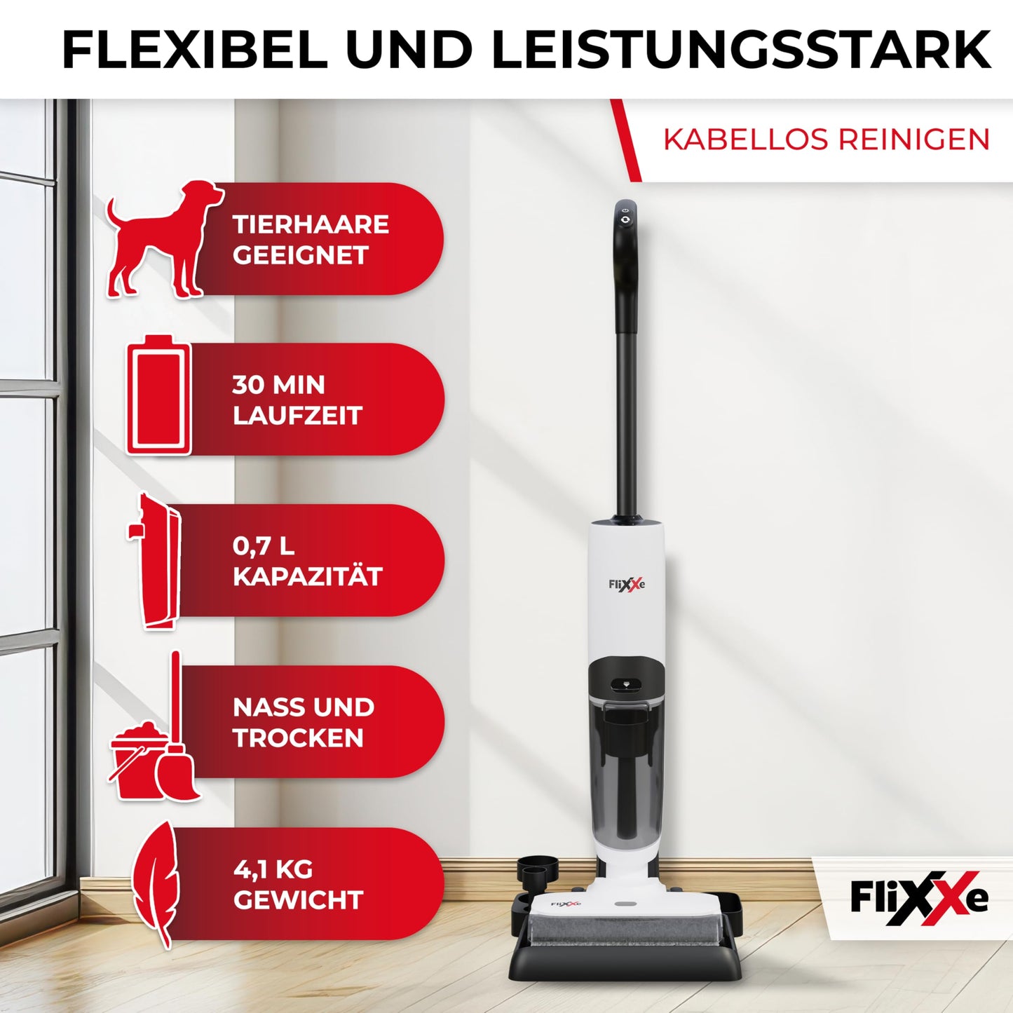 Flixxe X3 2-in-1 Nass-/Trockensauger, kabellos, 200W, 40 Min Laufzeit, LED-Display, Selbstreinigung, X-Sense, doppelseitige Kantenreinigung.