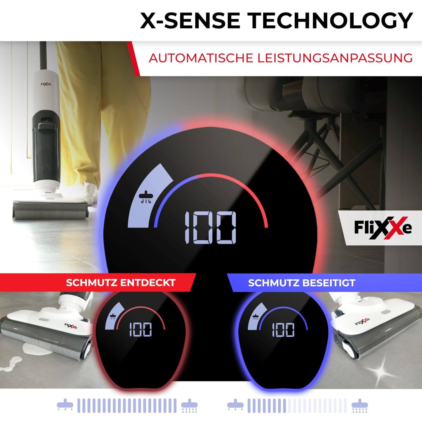 Flixxe X3 2-in-1 Nass-/Trockensauger, kabellos, 200W, 40 Min Laufzeit, LED-Display, Selbstreinigung, X-Sense, doppelseitige Kantenreinigung.